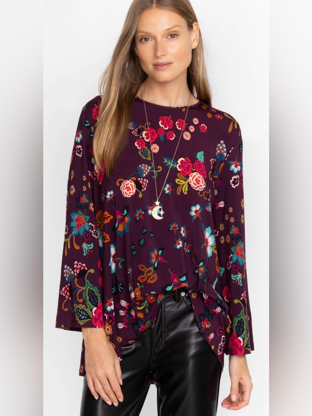 Johnny Was Adrina High Neck Swing Tunic Floral Purple M